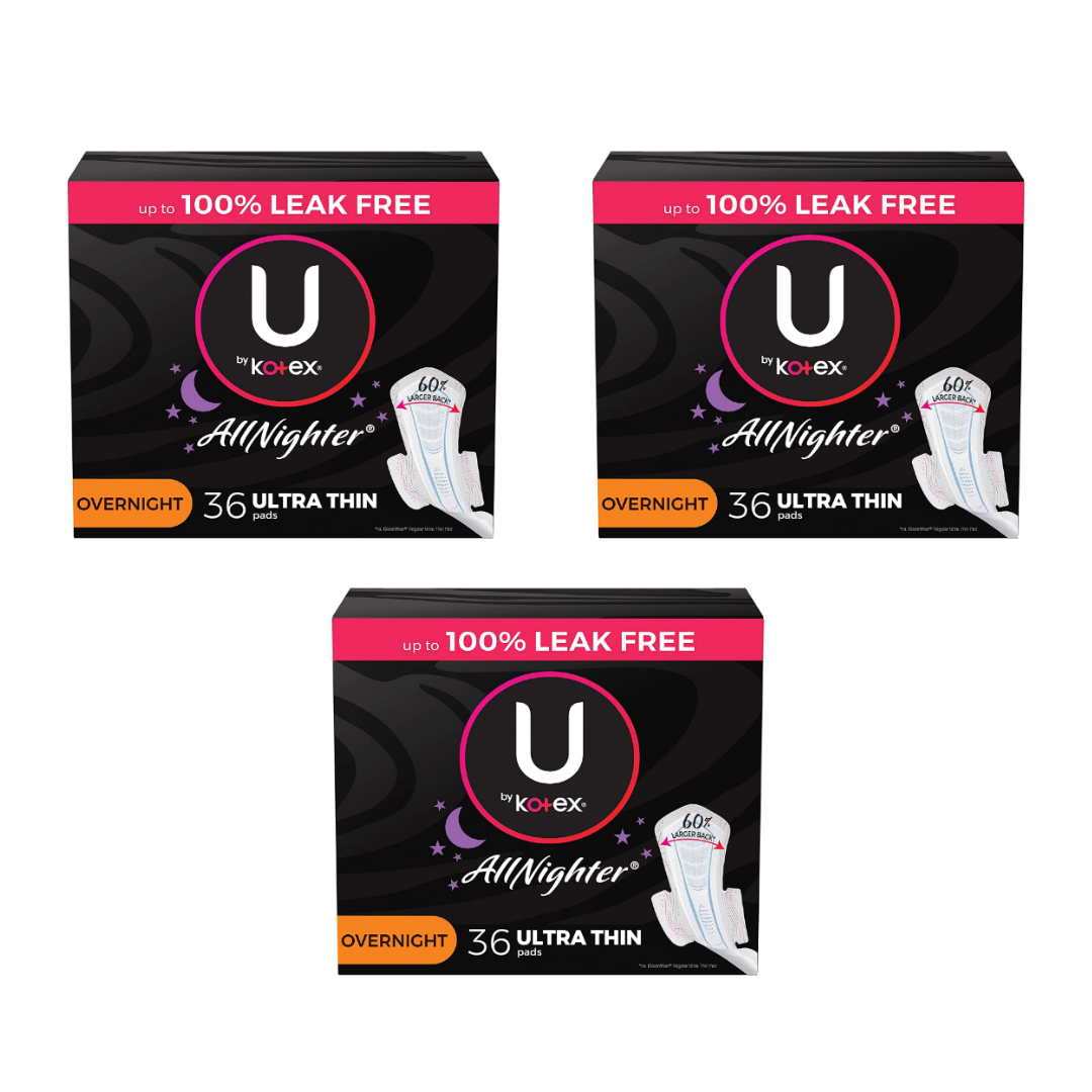 U by Kotex All Nighter Overnight Pads with Wings, Ultra Thin - 36 Coun –  AERii