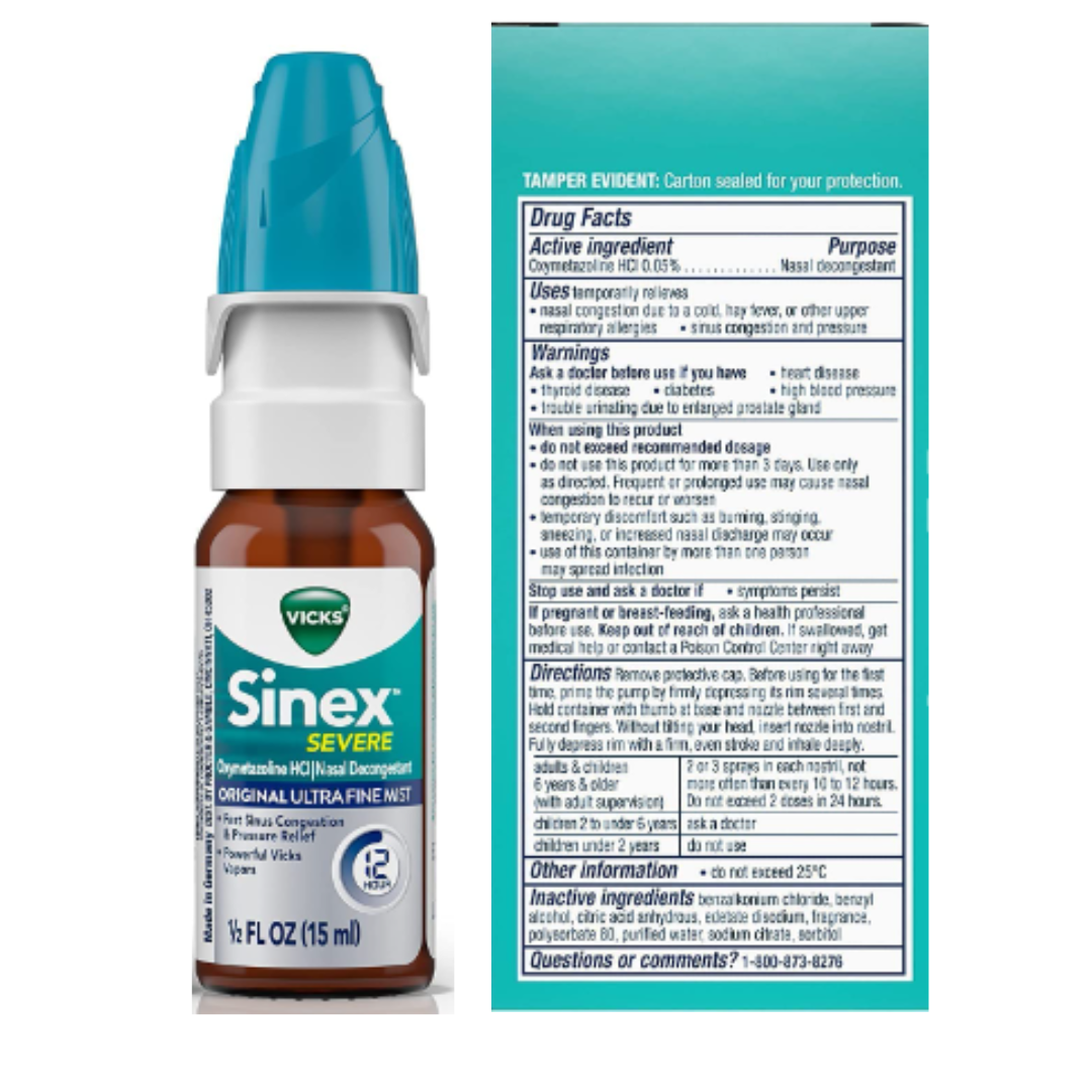 Vicks Sinex Severe Nasal Spray Original Ultra Fine Mist Sinus Decong Aerii