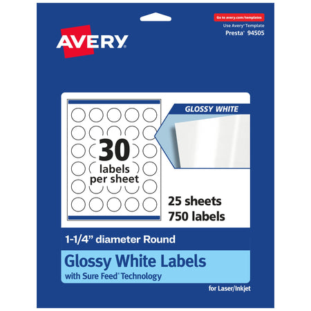 Avery Glossy White Round Labels 1.25" Diameter - 750 Count