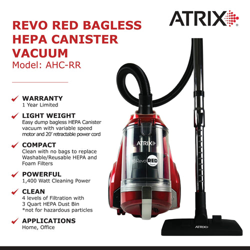 Atrix Revo Red Canister Vacuum Bagless 3-Quart