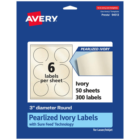 Avery Pearlized Ivory Round Labels 3" Diameter - 300 Count