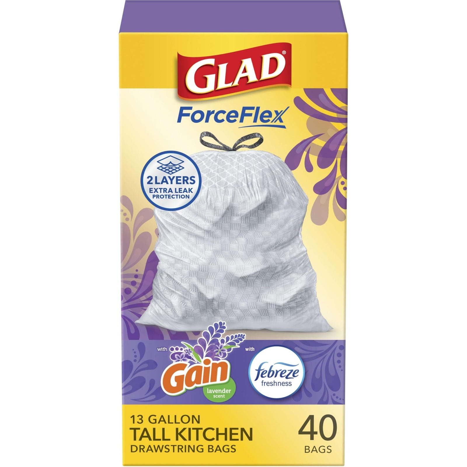 Glad ForceFlex Kitchen Trash Bags Lavender (13 Gal, 40 Ct)