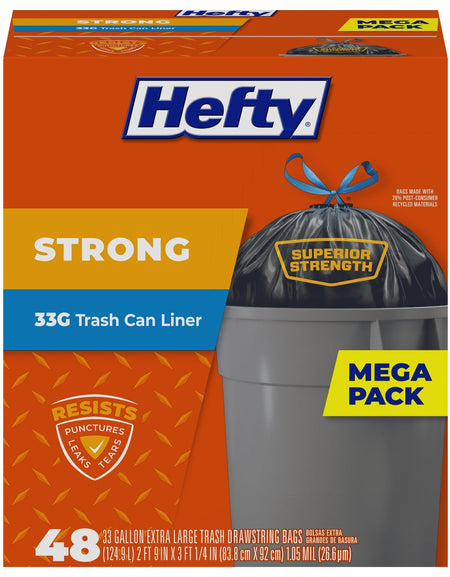 Hefty Strong Trash Bags Extra Large Black (33 gal, 48 Count)