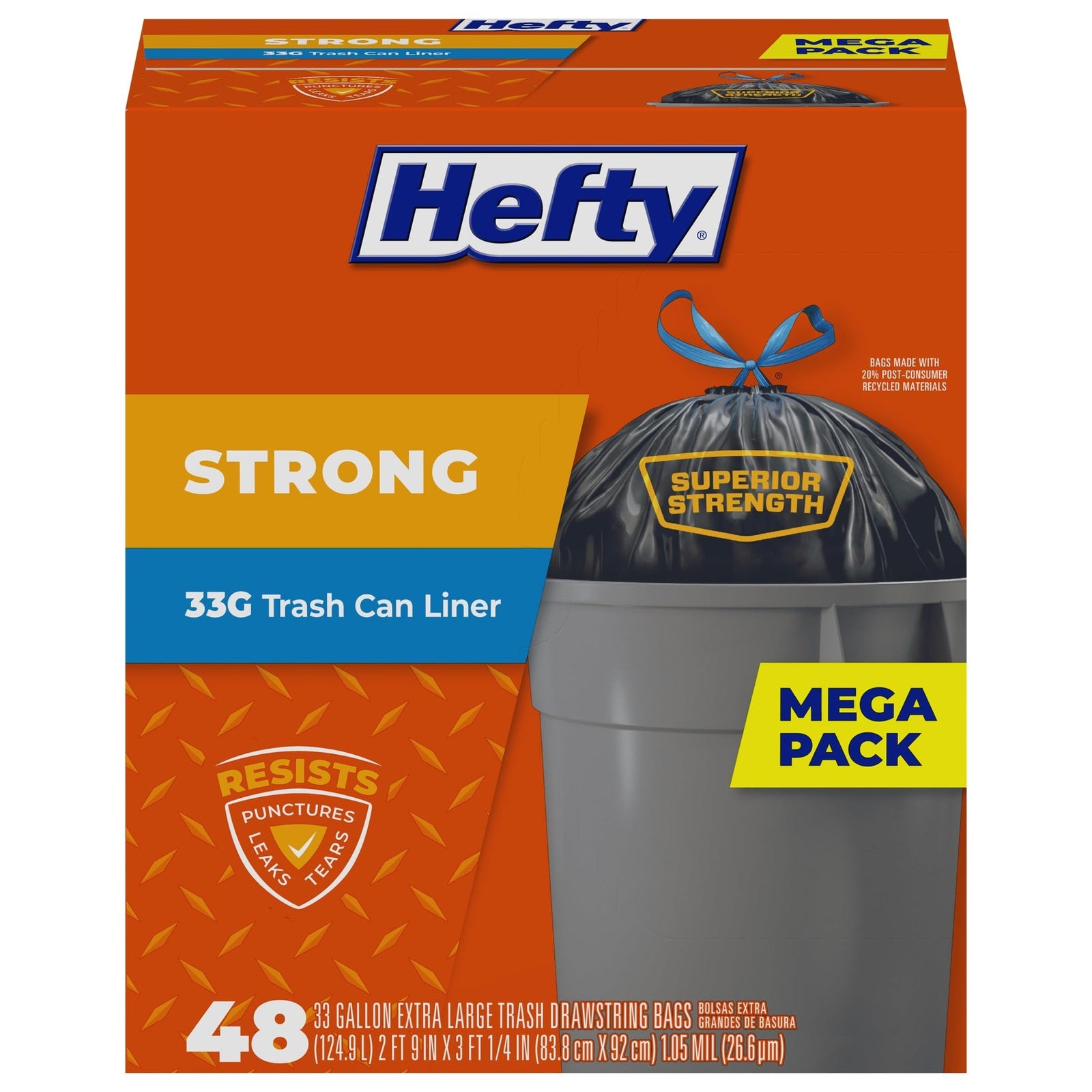 Hefty Strong Trash Bags Extra Large Black (33 gal, 48 Count)