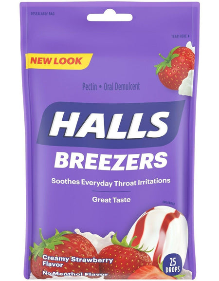 Halls Breezers Cool Creamy Strawberry Drops (25 Count, 4 Pack)