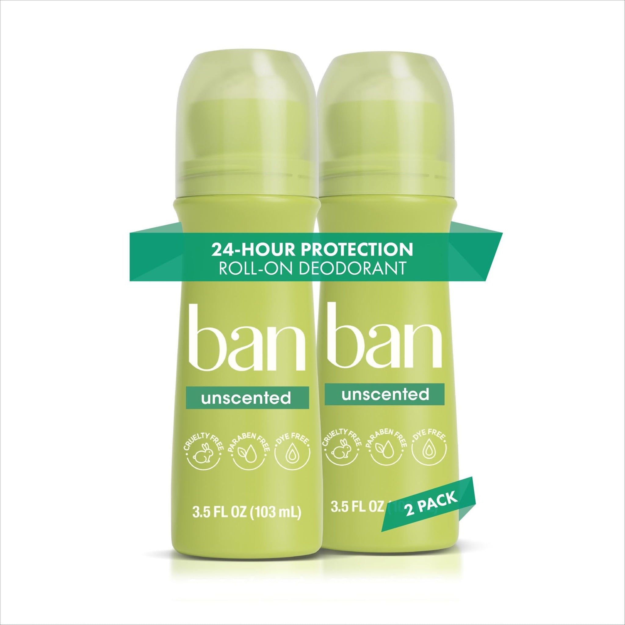 Ban Invisible Roll-On Deodorant Unscented (3.5 oz, 2 Pack)