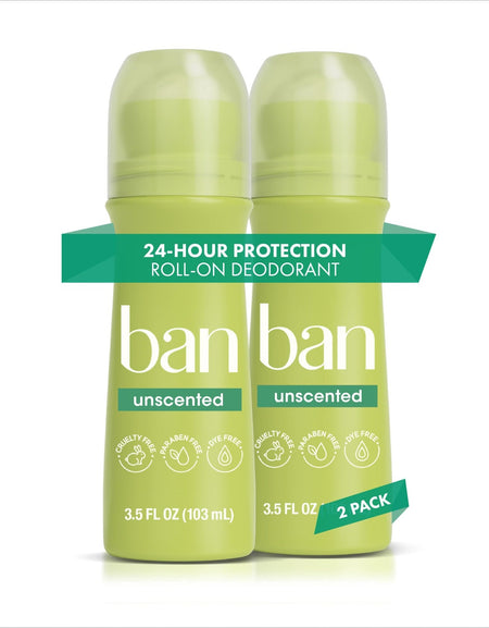 Ban Invisible Roll-On Deodorant Unscented (3.5 oz, 2 Pack)