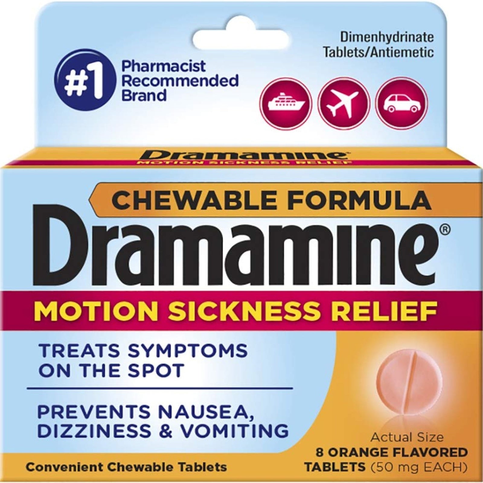 Dramamine Chewable Motion Sickness Tablets Orange (8 ct, 2-pack)