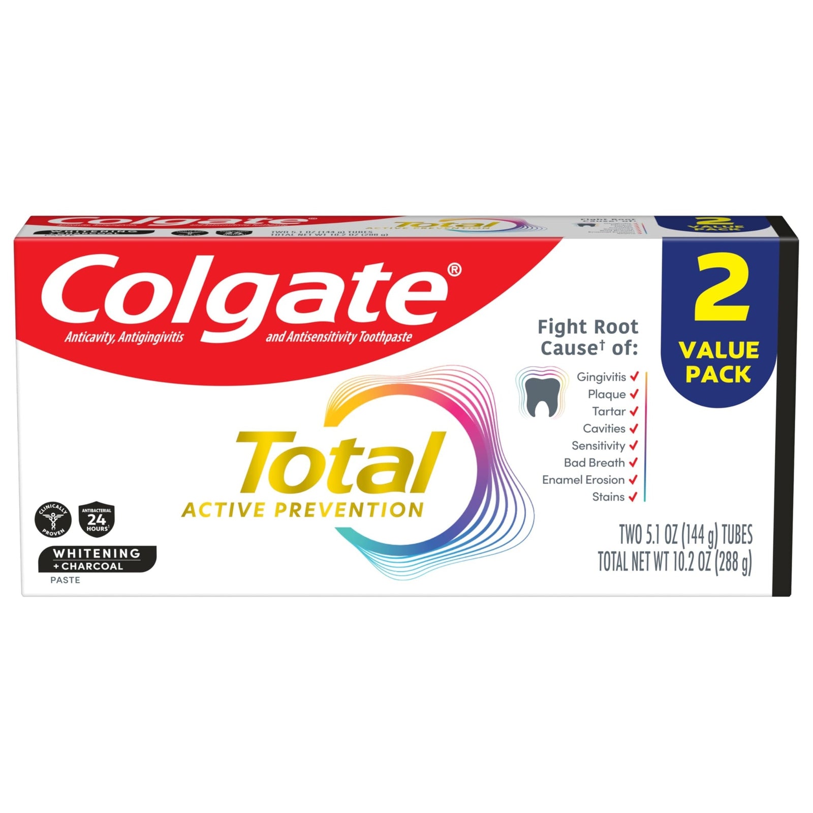 Colgate Total Whitening + Charcoal Toothpaste (5.1 oz, 2 Pack)