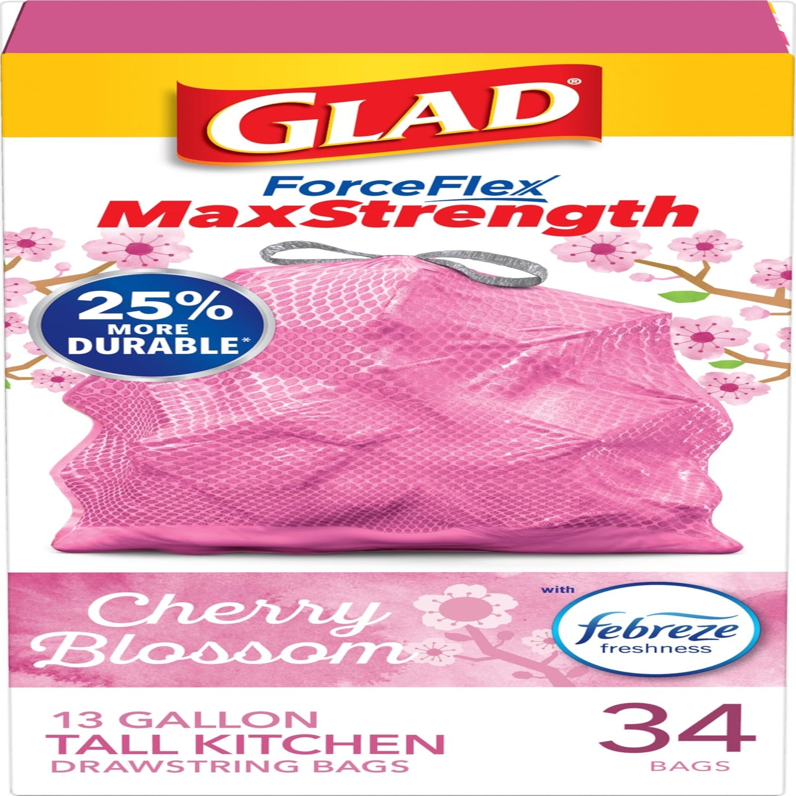 Glad ForceFlex MaxStrength Trash Bags Cherry Blossom (13 Gal, 34 Count)