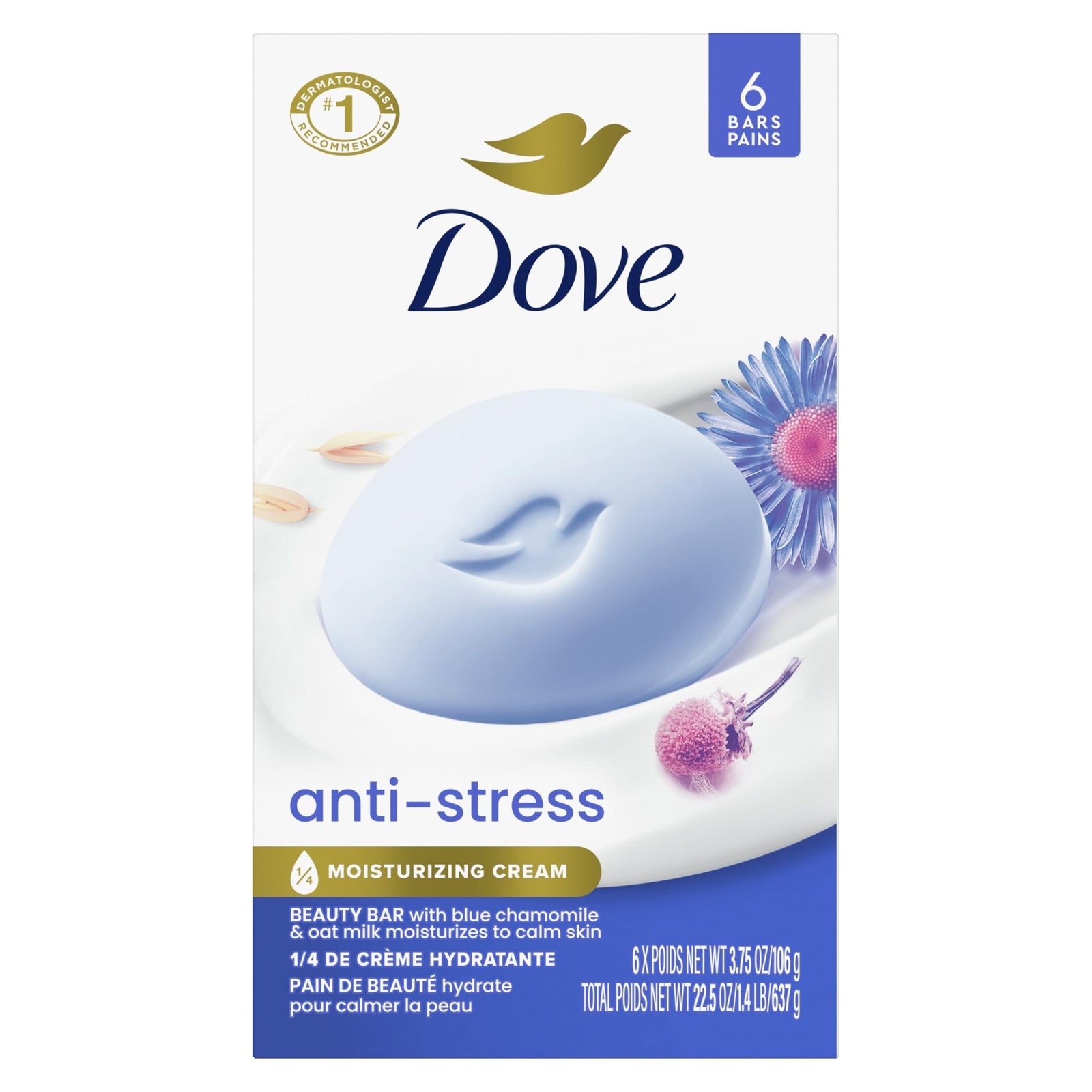 Dove Anti-Stress Soap Blue Chamomile & Oat Milk (106g, 6 Pack)