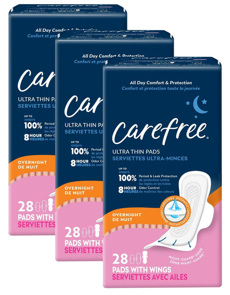 Carefree Ultra Thin Pads with Wings Overnight (28 Count, 3 Pack)