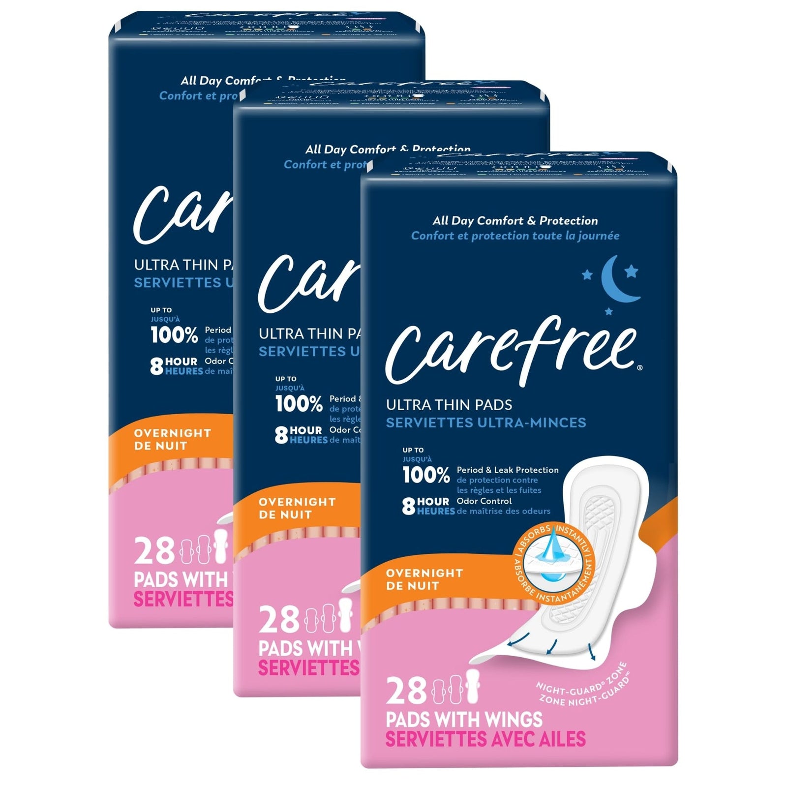Carefree Ultra Thin Pads with Wings Overnight (28 Count, 3 Pack)