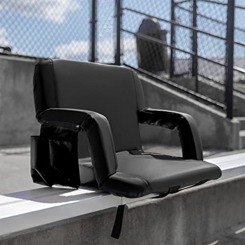Flash Furniture Malta Extra Wide Lightweight Reclining Stadium Chair - Black Padded Armrests, Back & Seat - Storage Pockets - Backpack Straps - Rear Zippered Pocket