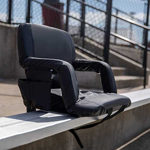 Flash Furniture Malta Portable Lightweight Reclining Stadium Chair - Black Padded Armrests, Back, Seat - Dual Storage Pockets - Backpack Straps - Rear Zipper Pocket