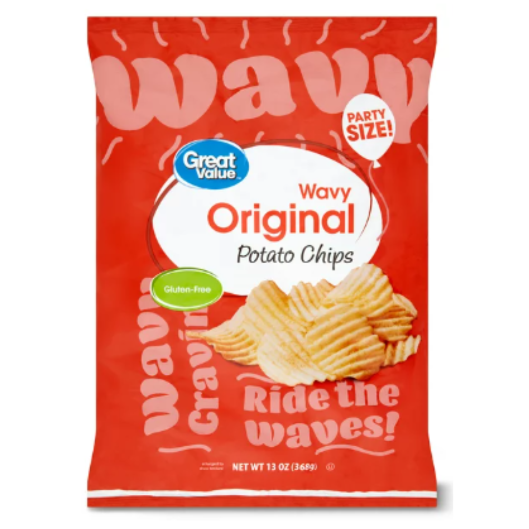 Great Value Party Size Original Wavy Potato Chips, 13 Ounce