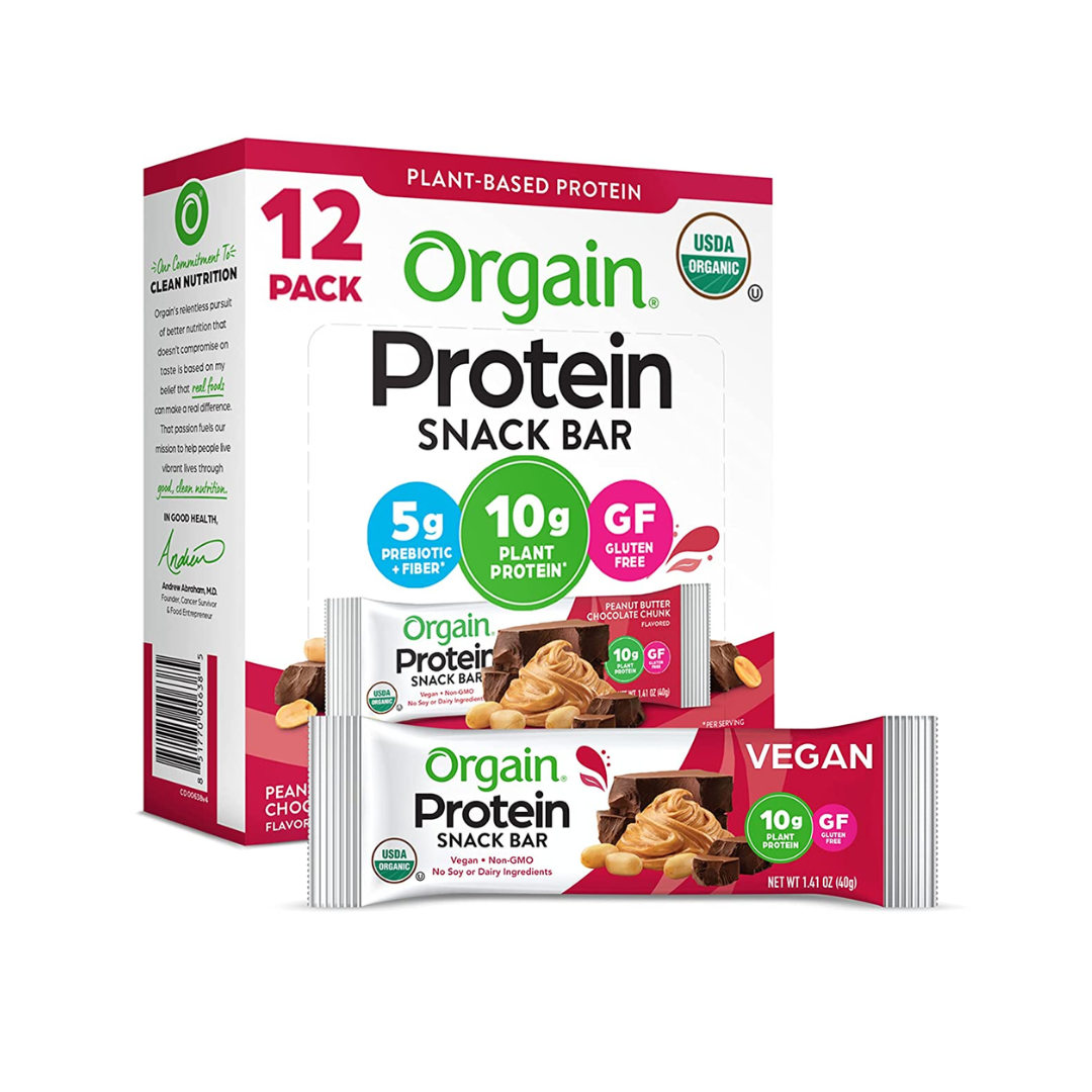 Orgain Organic Plant Based Protein Bar, Peanut Butter Chocolate Chunk 1.41 Ounce - 12 Count Packaging May Vary