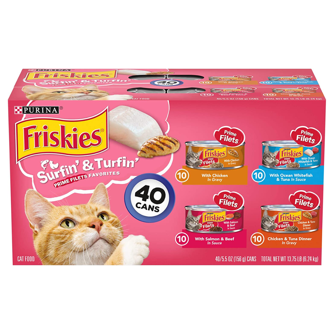 Purina Friskies Wet Cat Food Variety Pack, Surfin' & Turfin' Prime Filets Favorites, 5.5 Ounce - 40 Count