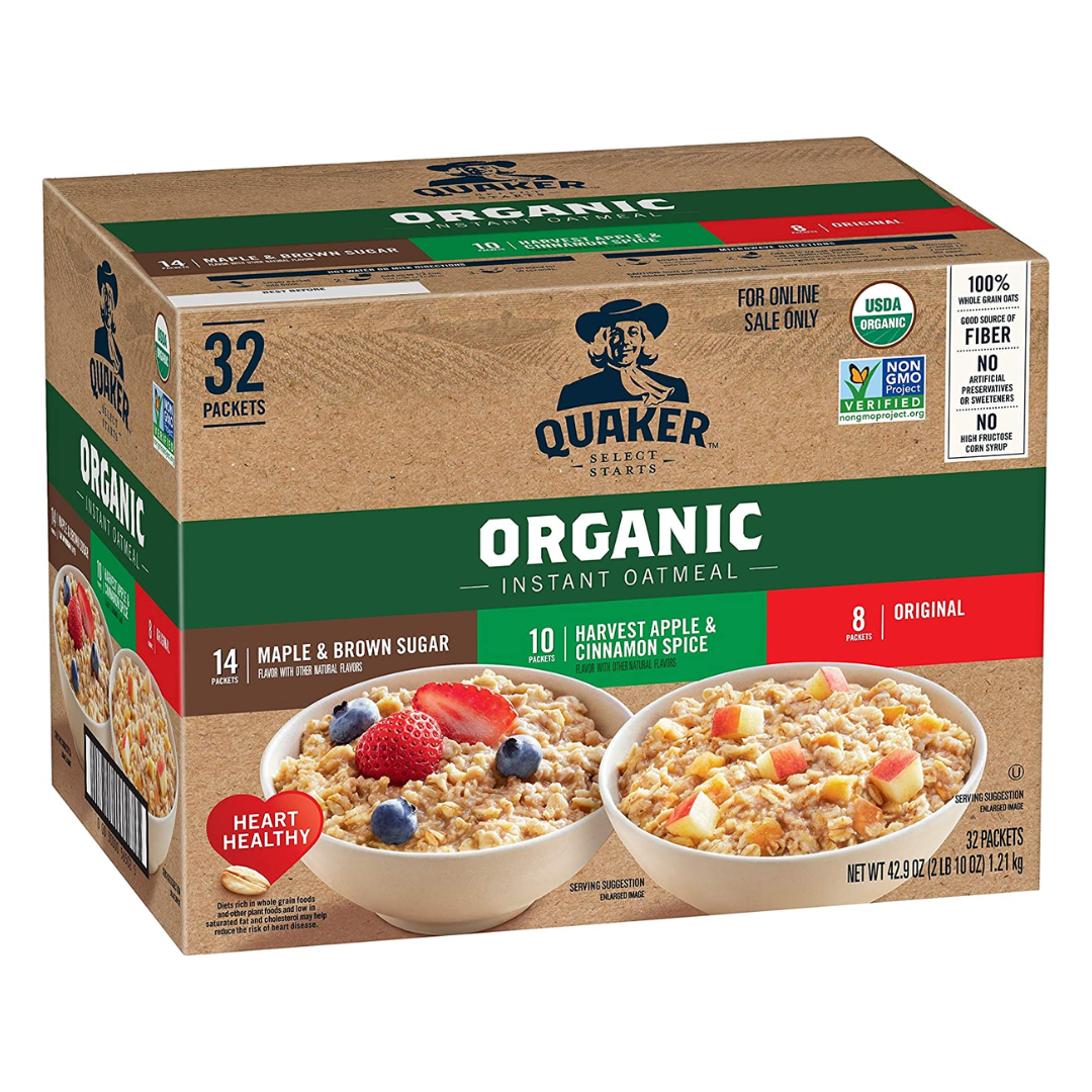QUAKER Instant Oatmeal, USDA Organic, 3 Flavor Variety Pack, Individual Packets - Pack of 32