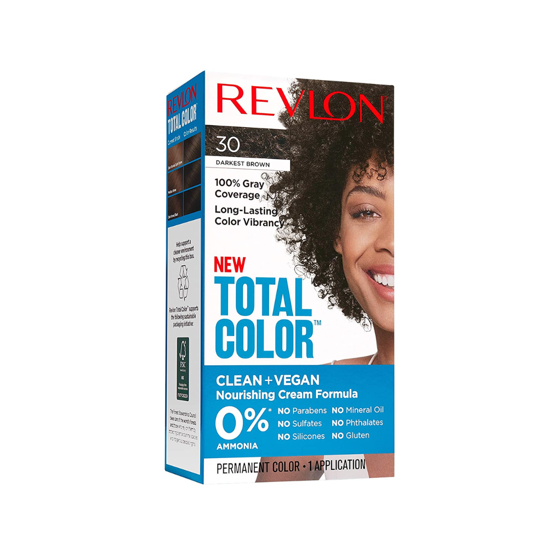 REVLON Total Color Permanent Hair Color, Clean and Vegan, 100% Gray Coverage Hair Dye, 30 Darkest Brown, 3.5 Ounce