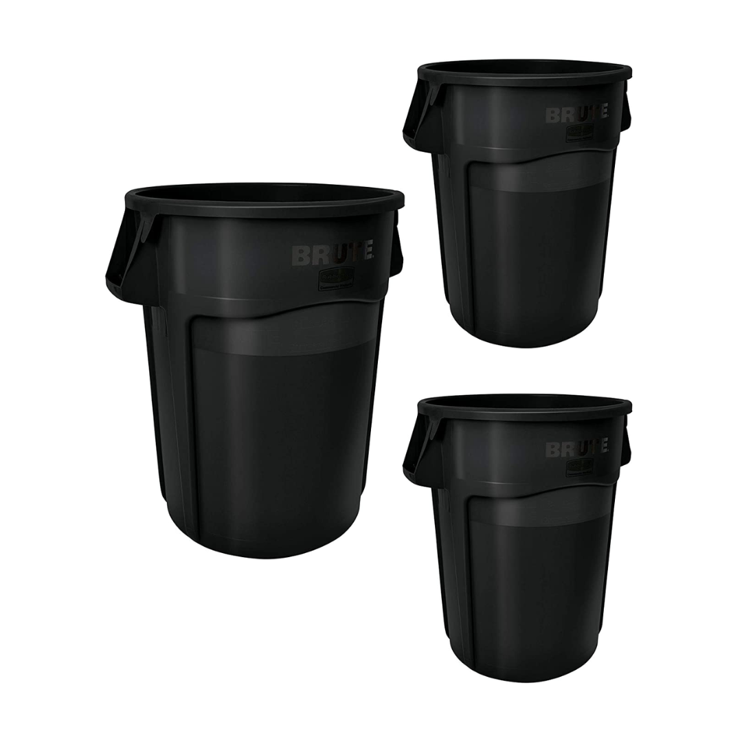 Rubbermaid Commercial Products BRUTE Heavy-Duty Round Trash/Garbage Can with Venting Channels, 55 Gallon - Pack of 3