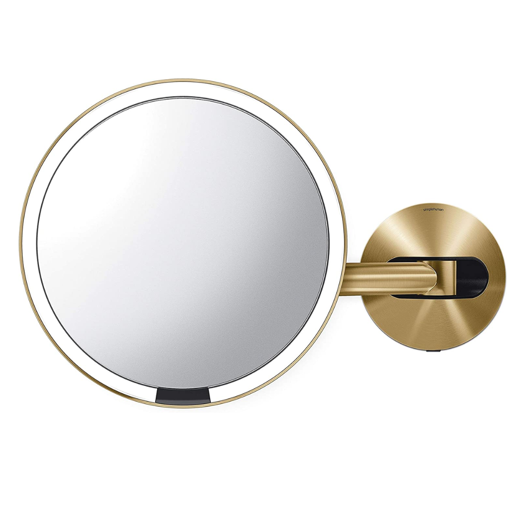 Simplehuman 8" Round Wall Mount Sensor Makeup Mirror, Brass Stainless Steel