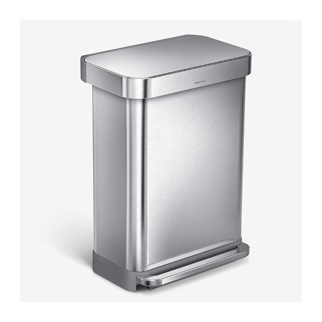 Simplehuman 55 Liters Gallon Rectangular Hands-Free Kitchen Step Trash Can with Soft-Close Lid, Brushed Stainless Steel