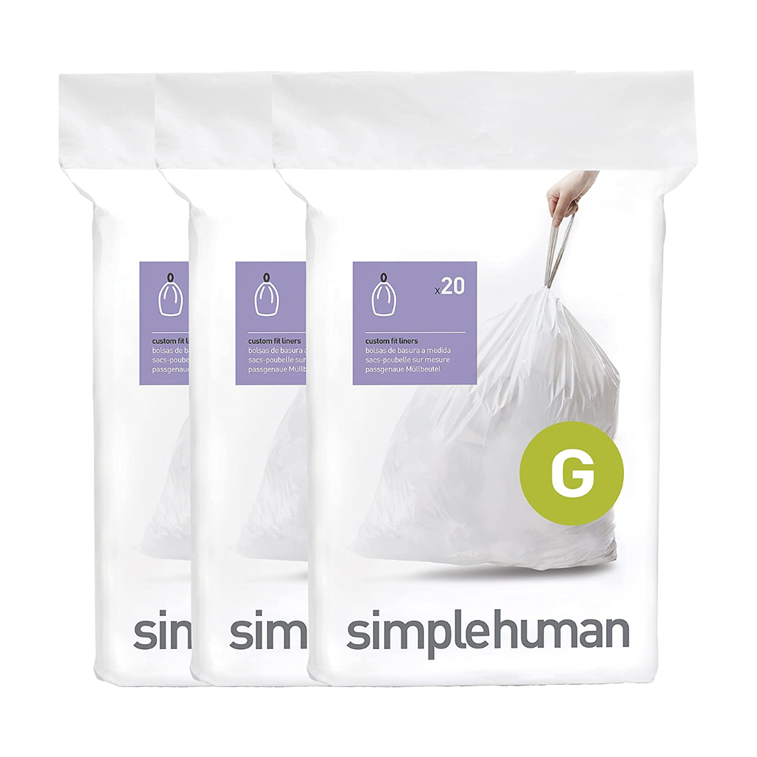 Simplehuman Code G Custom Fit Drawstring Trash Bags in Dispenser Packs, White, 60 Liter - 60 Count