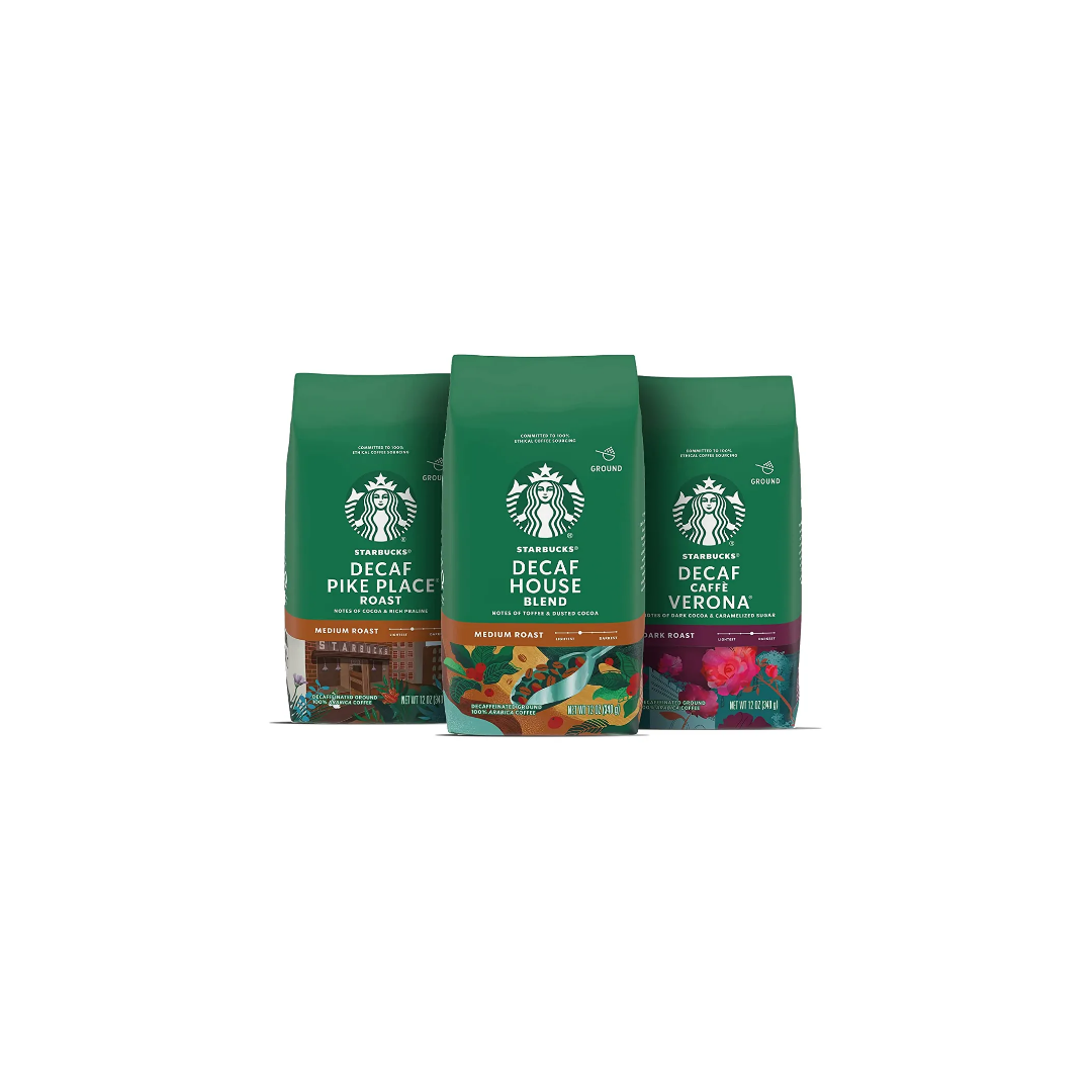 Starbucks Medium & Dark Roast Decaf Ground Coffee, Variety Pack, 12 Ounce - Pack of 3