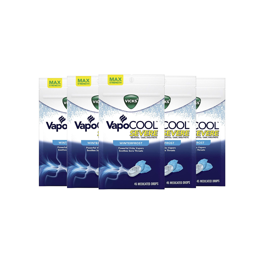 VapoCOOL Severe, Medicated Drops, Menthol Soothes Sore Throat Pain Caused by Cough, Winterfrost Flavor, 45 Count - Pack of 5