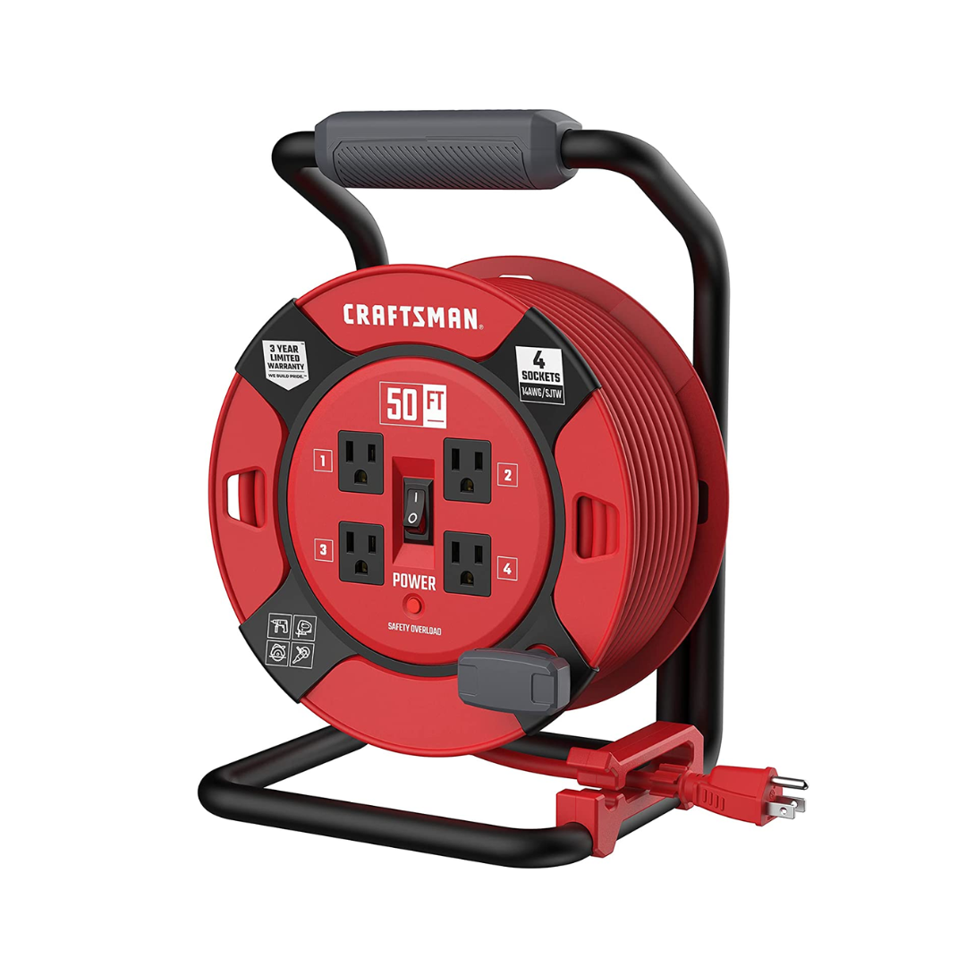 CRAFTSMAN CMXCRPA1450 Heavy Duty Retractable Extension Cord, 50 feet with 4 Outlets - 14AWG SJTW Cable - Outdoor Power Cord Reel