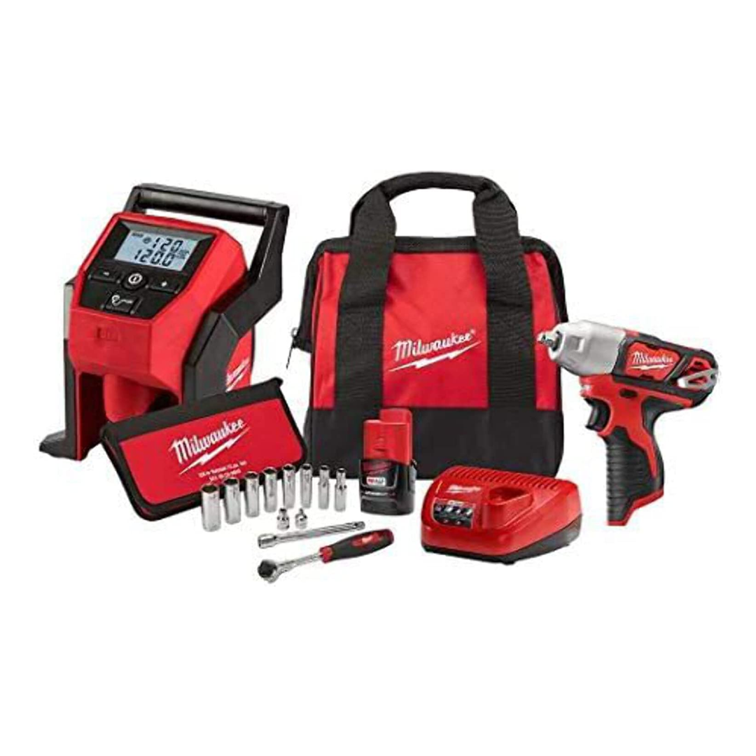 MILWAUKEE 2463-21RS M12 12-Volt Lithium-Ion Cordless 3/8" Impact Wrench and Inflator Combo Kit with 3/8 " Drive Metric Socket Set