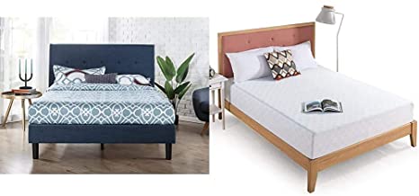 Zinus Omkaram Upholstered Platform Bed with Wood Slat Support & 10 Inch Gel-Infused Green Tea Memory Foam Mattress