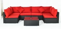 COSTWAY 7PCS Patio Rattan Sofa Set Sectional Conversation Furniture Set Garden Red