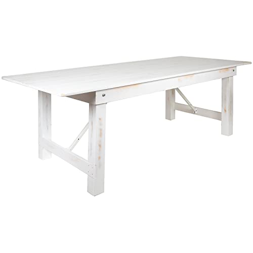 Flash Furniture HERCULES Series 8' x 40" Rectangular Antique Rustic White Solid Pine Folding Farm Table