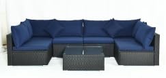 COSTWAY 7PCS Patio Rattan Sofa Set Sectional Conversation Furniture Set Garden Navy Blue