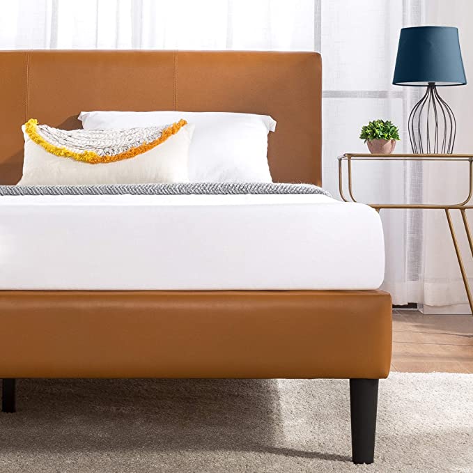 ZINUS Jade Faux Leather Upholstered Platform Bed Frame with Short Headboard, Cognac