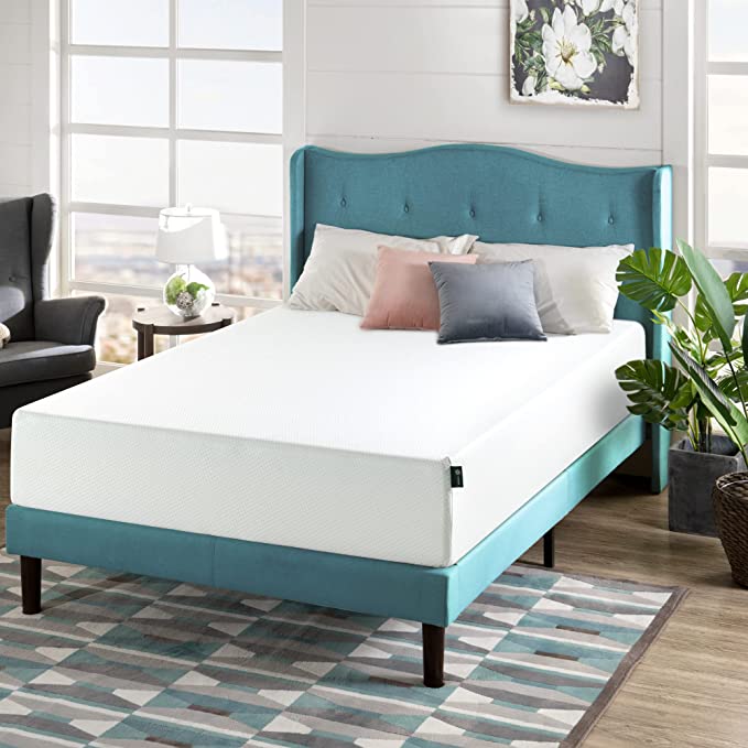 Zinus Dachelle Upholstered Tufted Premium Platform Bed, Queen, Dark Grey with Zinus Green Tea 12-inch Memory Foam Mattress, Queen