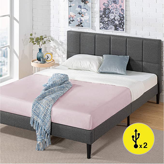 Zinus Lottie 35" Upholstered Platform Bed Frame with Short Headboard and USB Ports - Grey, Full