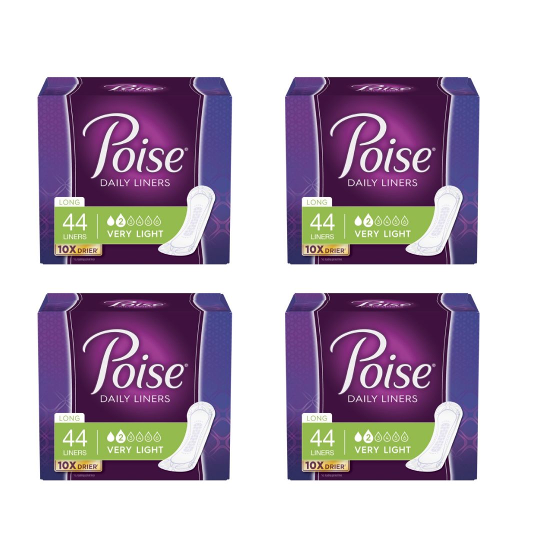 Poise Daily Incontinence Panty Liners Very Light Absorbency, Long - 4 Packs of 44 (176 Count)