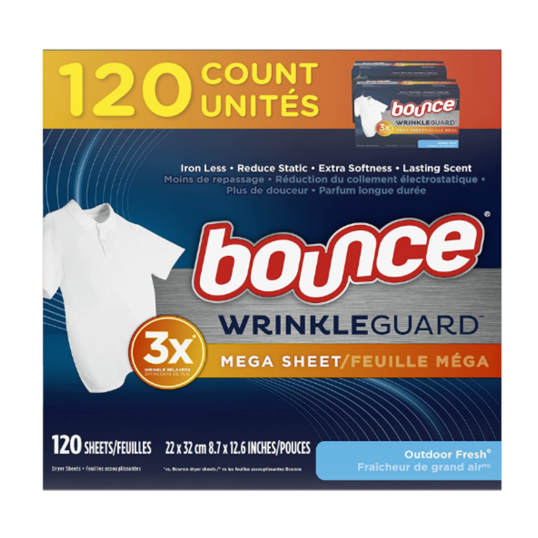 Bounce WrinkleGuard Mega Dryer Sheets Laundry Fabric Softene and Wrinkle Releaser Sheets, Outdoor Fresh Scent - 120 count