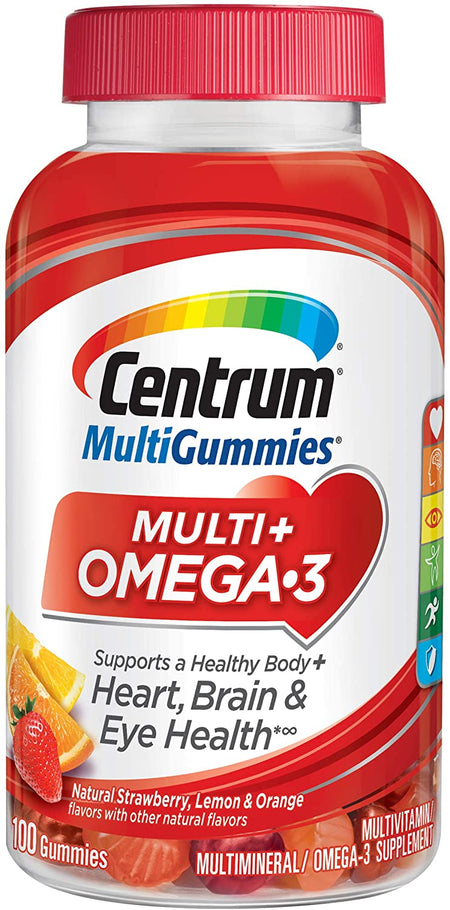 Centrum MultiGummies Multi + Omega-3 Multivitamin, Strawberry, Lemon, Orange, 100 Gummies (Pack of 2)