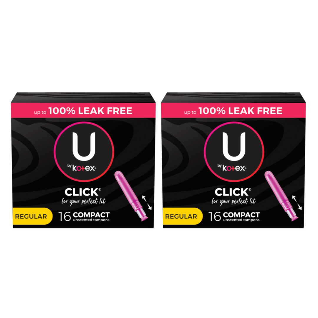 U by Kotex Click Compact Tampons, Regular, Unscented - 16 Count (Pack of 2)