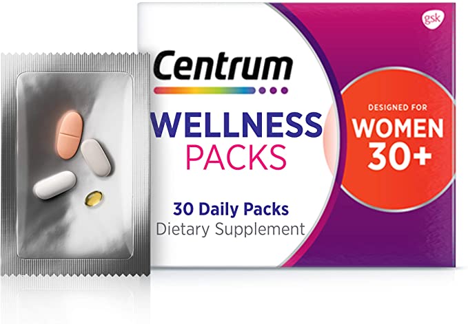 Centrum Wellness Packs Daily for Women in 30s, with Complete Multivitamin, Vitamin D Supplements, Collagen I and III, Vitamin C 1000mg with Rose Hips