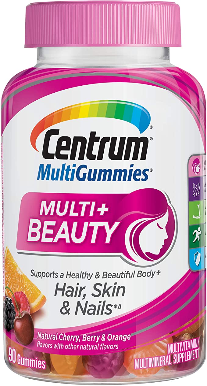 Centrum Multi Beauty Gummy Multivitamin For Women, Hair Skin and Nails Vitamins with Antioxidants and Vitamins D3 and B , Cherry/Berry/Orange Flavors 90ct