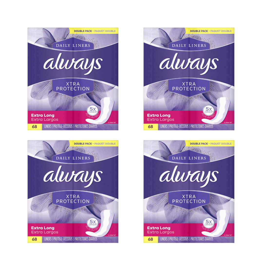 Always Xtra Protection, Panty Liners for Women, Unscented Extra Long - 68 Count Pack of 4