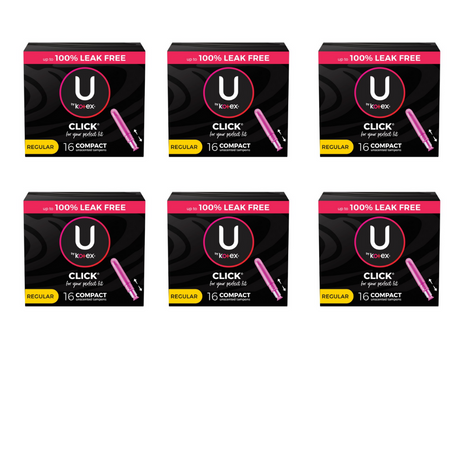 U by Kotex Click Compact Tampons, Regular, Unscented - 16 Count (Pack of 6)