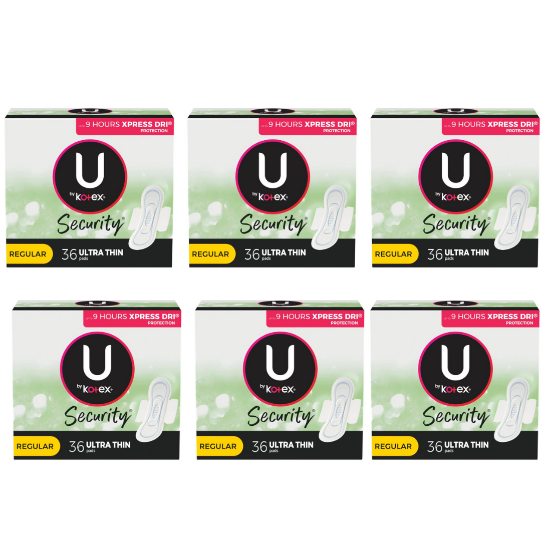 U by Kotex Security Ultra Thin Pads with Wings, Regular Absorbency, Unscented - 216 Count (6 Packs of 36)