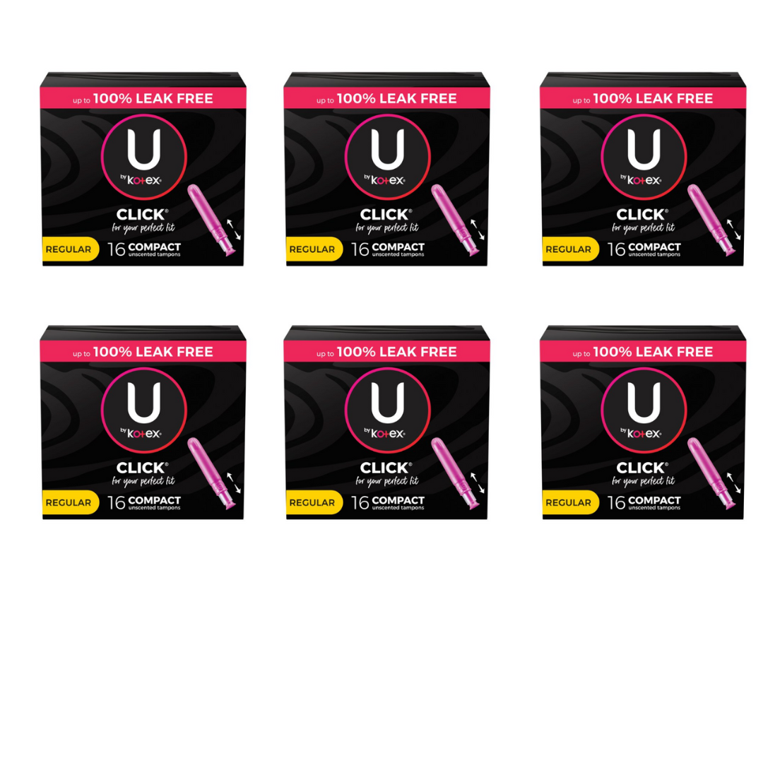 U by Kotex Click Compact Tampons, Regular, Unscented - 16 Count (Pack of 6)