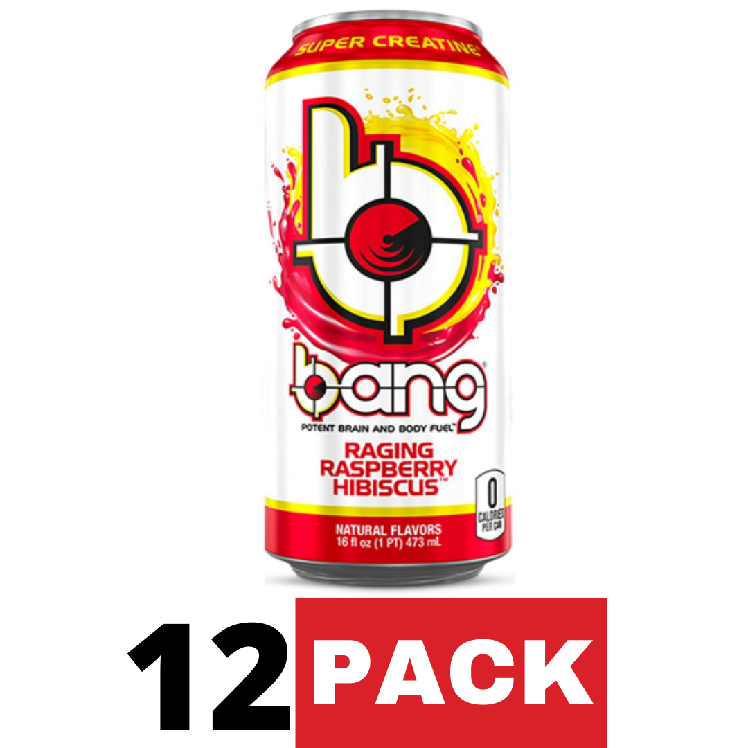 Bang Raging Raspberry Hibiscus Energy Drink, Sugar Free with Super Creatine 16 Ounce - Pack of 12